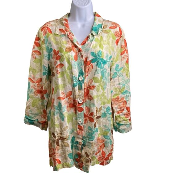 Hot Cotton Womens Floral Linen Button Up Shirt Size M Lagenlook Art To Work Boho - Picture 1 of 12